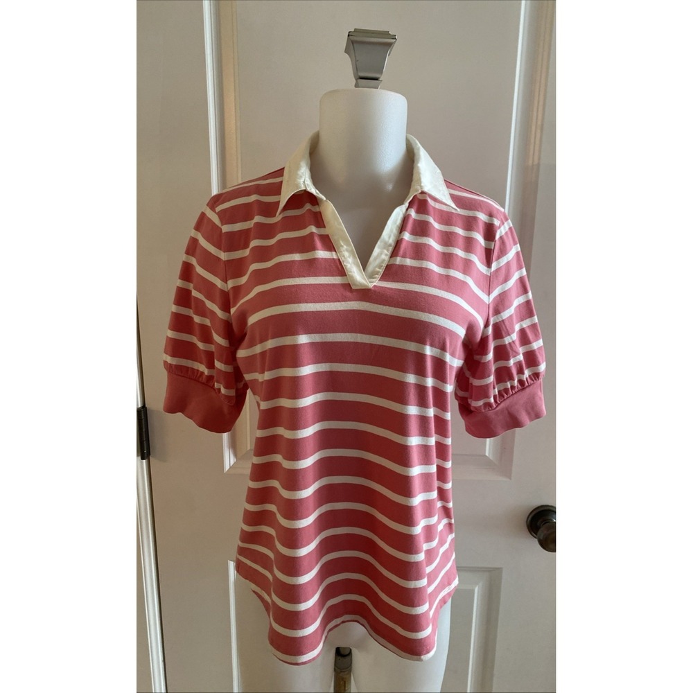 Talbots Ivory Pink Striped Puff Sleeve Johnny Collar Poloโ Top Shirt -Size MP